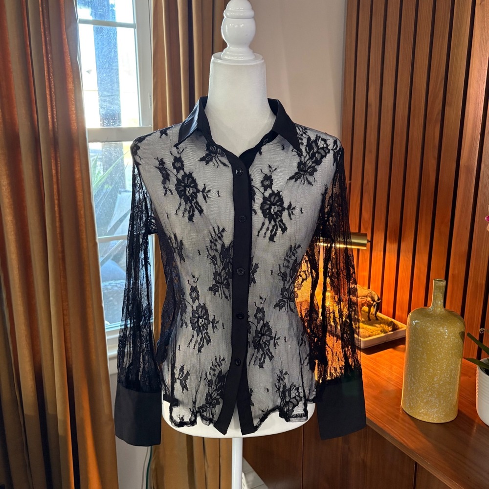 Black Floral Lace Sheer Button Down Blouse Contrast Collar French Cuffs Top